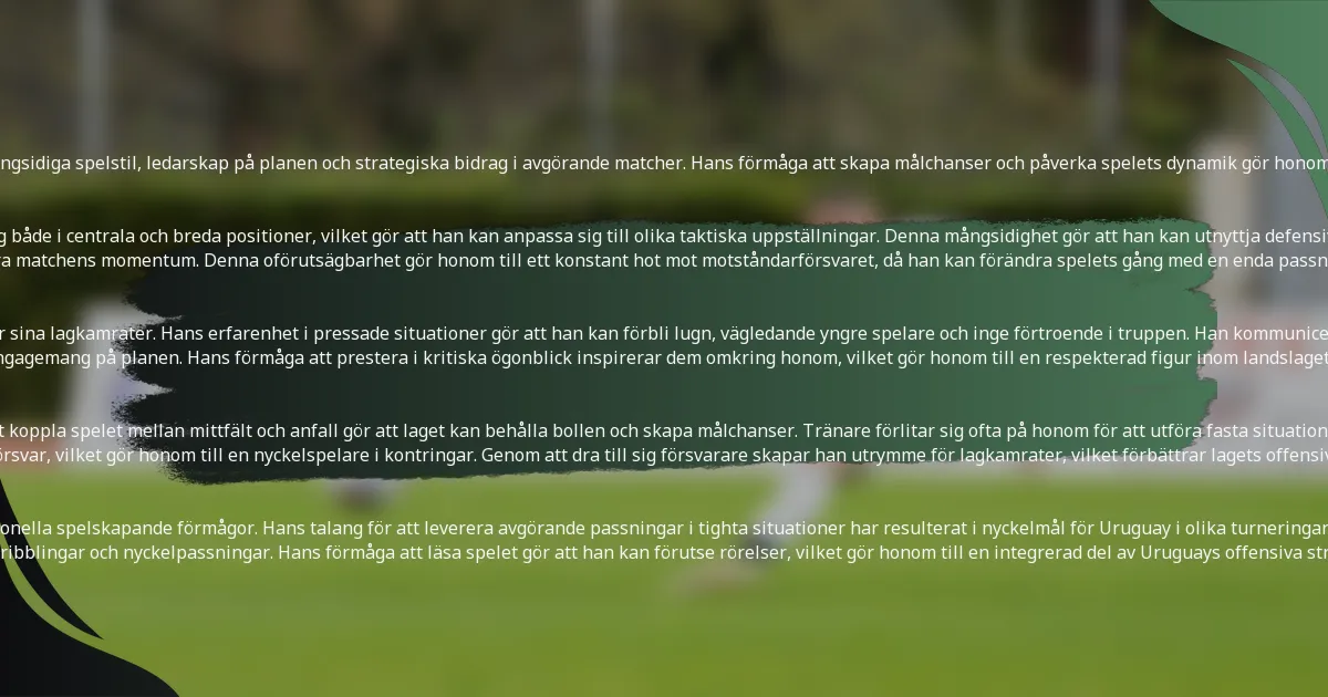 <p>Giorgian De Arrascaeta har haft en betydande påverkan på det uruguayanska landslaget genom sin mångsidiga spelstil, ledarskap på planen och strategiska bidrag i avgörande matcher. Hans förmåga att skapa målchanser och påverka spelets dynamik gör honom till en vital tillgång för Uruguay i internationella turneringar.</p>

<h3>Spelstil och taktik</h3>
<p>De Arrascaeta är känd för sina tekniska färdigheter, smidighet och spelsyn på planen. Han utmärker sig både i centrala och breda positioner, vilket gör att han kan anpassa sig till olika taktiska uppställningar. Denna mångsidighet gör att han kan utnyttja defensiva svagheter, oavsett om han skär in för att skjuta eller levererar precisa inlägg från kanten.</p>
<p>Hans spelstil betonar snabba beslut och kreativitet, vilket ofta leder till oväntade spel som kan förändra matchens momentum. Denna oförutsägbarhet gör honom till ett konstant hot mot motståndarförsvaret, då han kan förändra spelets gång med en enda passning eller dribbling.</p>

<h3>Ledarskapskvaliteter på planen</h3>
<p>Som spelare visar De Arrascaeta starka ledarskapskvaliteter, då han ofta fungerar som en motivator för sina lagkamrater. Hans erfarenhet i pressade situationer gör att han kan förbli lugn, vägledande yngre spelare och inge förtroende i truppen. Han kommunicerar ofta strategier och justeringar under matcherna, vilket säkerställer att laget förblir sammanhållet.</p>
<p>Hans ledarskap är inte bara verbalt; De Arrascaeta leder genom exempel genom sin arbetsmoral och engagemang på planen. Hans förmåga att prestera i kritiska ögonblick inspirerar dem omkring honom, vilket gör honom till en respekterad figur inom landslaget.</p>

<h3>Påverkan på lagstrategi</h3>
<p>De Arrascaetas närvaro på planen påverkar Uruguays övergripande strategi avsevärt. Hans förmåga att koppla spelet mellan mittfält och anfall gör att laget kan behålla bollen och skapa målchanser. Tränare förlitar sig ofta på honom för att utföra fasta situationer, med tanke på hans skicklighet i att leverera exakta bollar in i straffområdet.</p>
<p>Dessutom gör hans taktiska medvetenhet att han kan identifiera och utnyttja luckor i motståndarens försvar, vilket gör honom till en nyckelspelare i kontringar. Genom att dra till sig försvarare skapar han utrymme för lagkamrater, vilket förbättrar lagets offensiva kapabiliteter.</p>

<h3>Assists och spelskapande bidrag</h3>
<p>Under sin internationella karriär har De Arrascaeta registrerat många assists, vilket visar hans exceptionella spelskapande förmågor. Hans talang för att leverera avgörande passningar i tighta situationer har resulterat i nyckelmål för Uruguay i olika turneringar. Han rankas ofta bland de bästa spelarna när det gäller assists under tävlingar.</p>
<p>Förutom assists inkluderar hans övergripande bidrag till spelskapandet att skapa målchanser genom dribblingar och nyckelpassningar. Hans förmåga att läsa spelet gör att han kan förutse rörelser, vilket gör honom till en integrerad del av Uruguays offensiva strategi.</p>

<h2>Vilka rekord innehar Giorgian De Arrascaeta inom internationell fotboll?